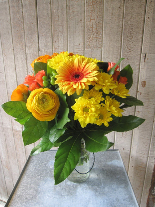 Bouquet Soleil - Gerbera, rose en branche, chrysanthème - Fleuriste Abaca